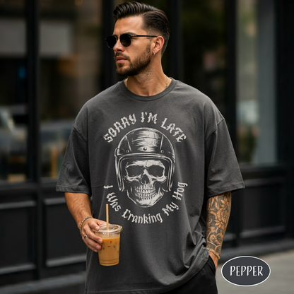Sorry I’m Late I Was Cranking My Hog T-Shirt Funny Biker Skull Shirt Motorcycle Tee