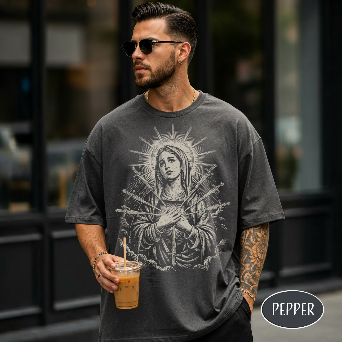 Virgin Mary Vintage Christian T-Shirt Our Lady of Sorrows Seven Swords Shirt Catholic Streetwear