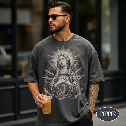 Virgin Mary Vintage Christian T-Shirt Our Lady of Sorrows Seven Swords Shirt Catholic Streetwear