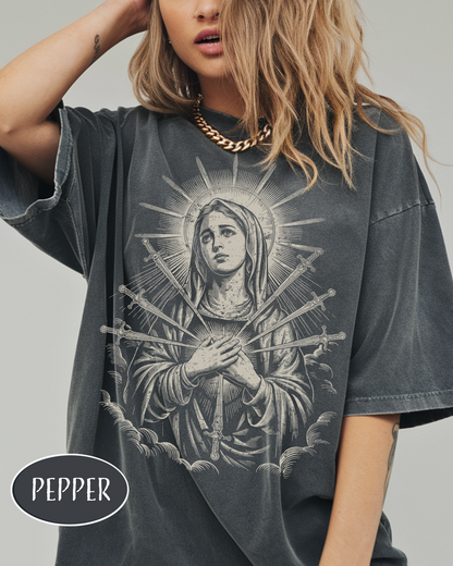 Virgin Mary Vintage Christian T-Shirt Our Lady of Sorrows Seven Swords Shirt Catholic Streetwear