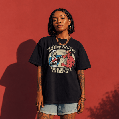 Hail Mary Full of Grace Punch The Devil In The Face T-Shirt | Funny Catholic Meme Tee