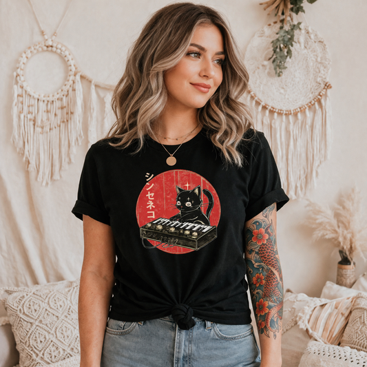Cat Synthesizer T-Shirt Vintage Synth Shirt Japanese Cat Playing Synthesizer