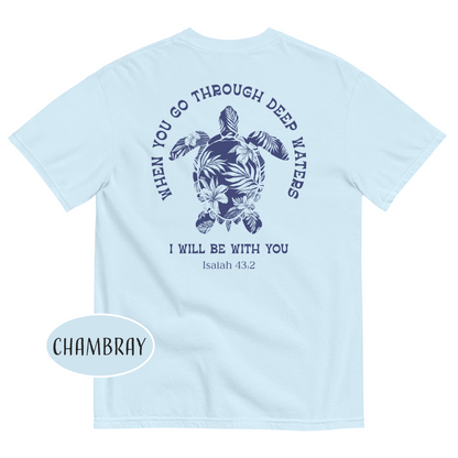 When You Go Through Deep Waters I Will Be With You T-Shirt Floral Turtle Christian Shirt Summer Bible Verse
