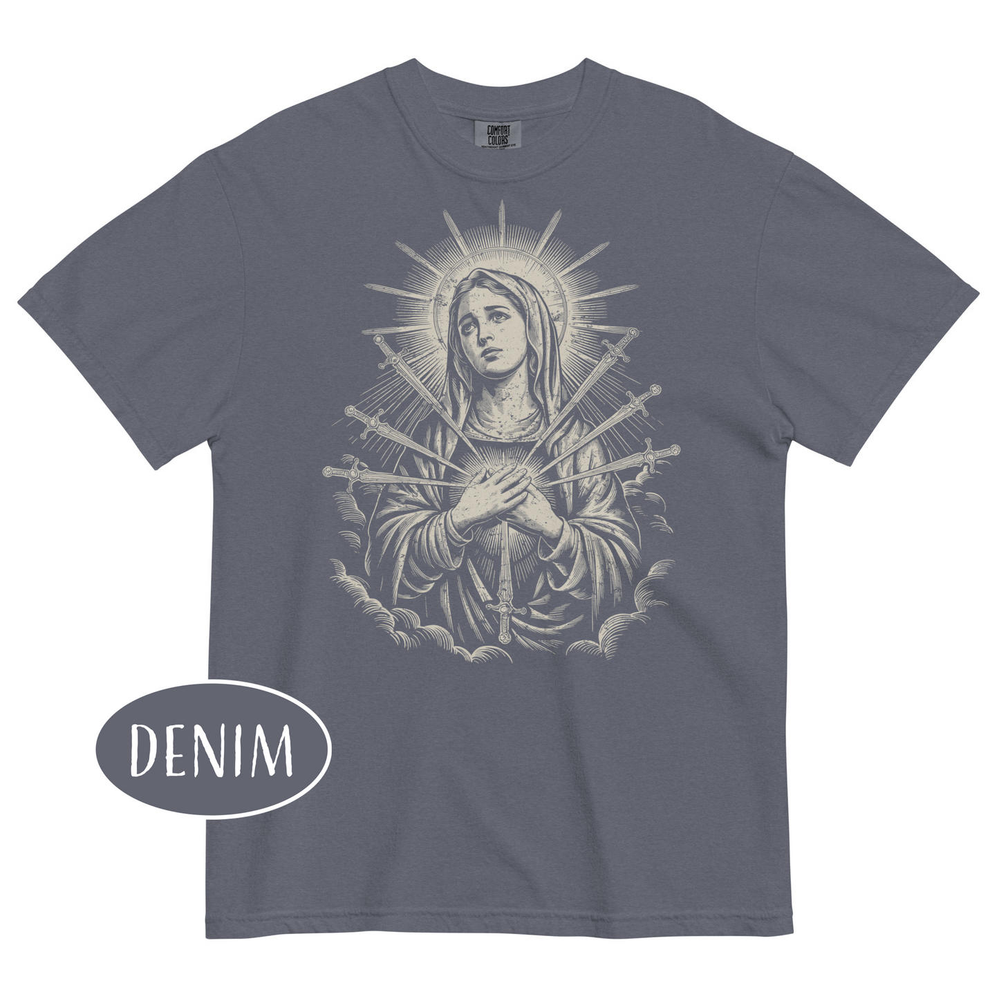Virgin Mary Vintage Christian T-Shirt Our Lady of Sorrows Seven Swords Shirt Catholic Streetwear