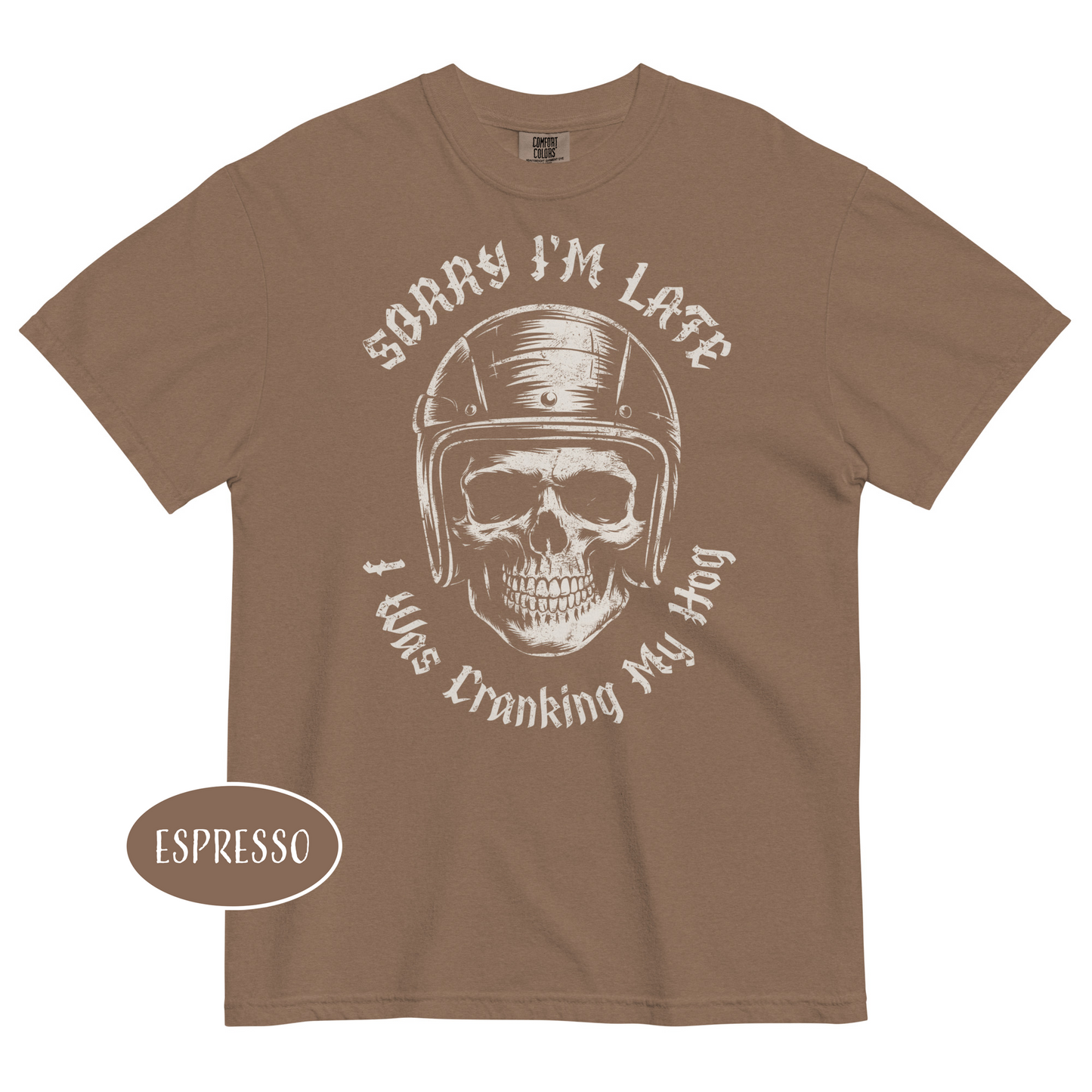 Sorry I’m Late I Was Cranking My Hog T-Shirt Funny Biker Skull Shirt Motorcycle Tee