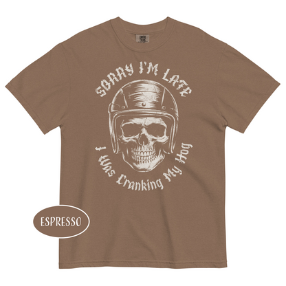 Sorry I’m Late I Was Cranking My Hog T-Shirt Funny Biker Skull Shirt Motorcycle Tee