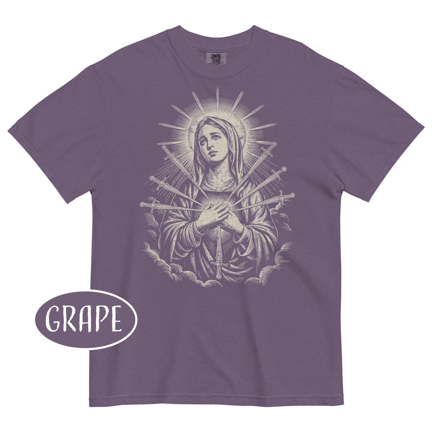 Virgin Mary Vintage Christian T-Shirt Our Lady of Sorrows Seven Swords Shirt Catholic Streetwear
