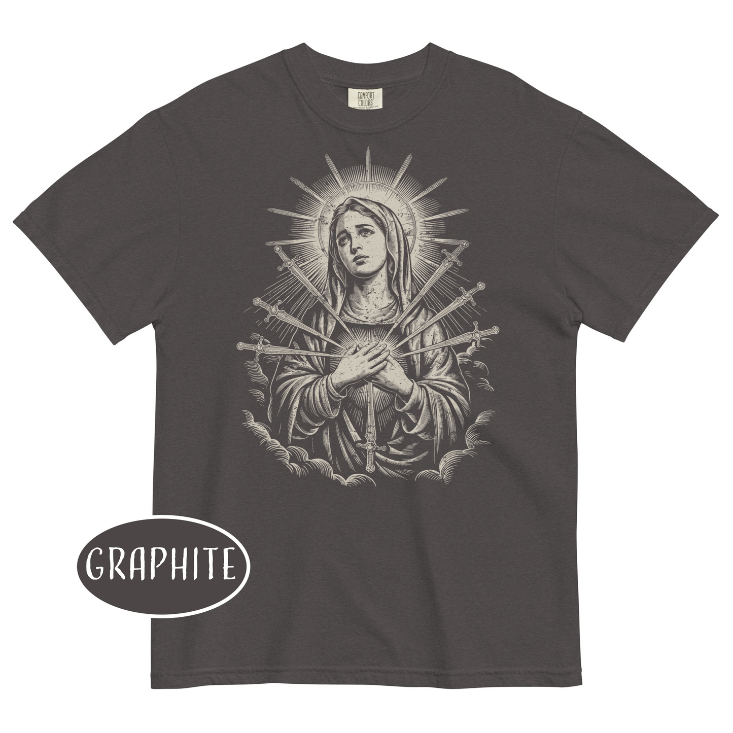 Virgin Mary Vintage Christian T-Shirt Our Lady of Sorrows Seven Swords Shirt Catholic Streetwear