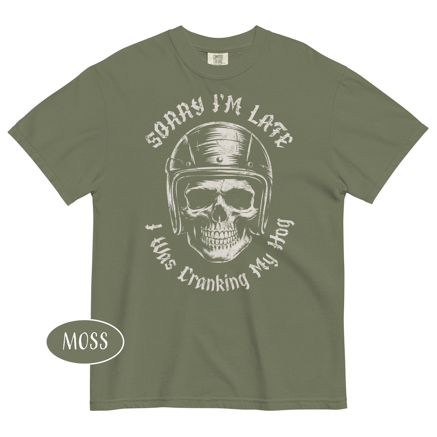 Sorry I’m Late I Was Cranking My Hog T-Shirt Funny Biker Skull Shirt Motorcycle Tee