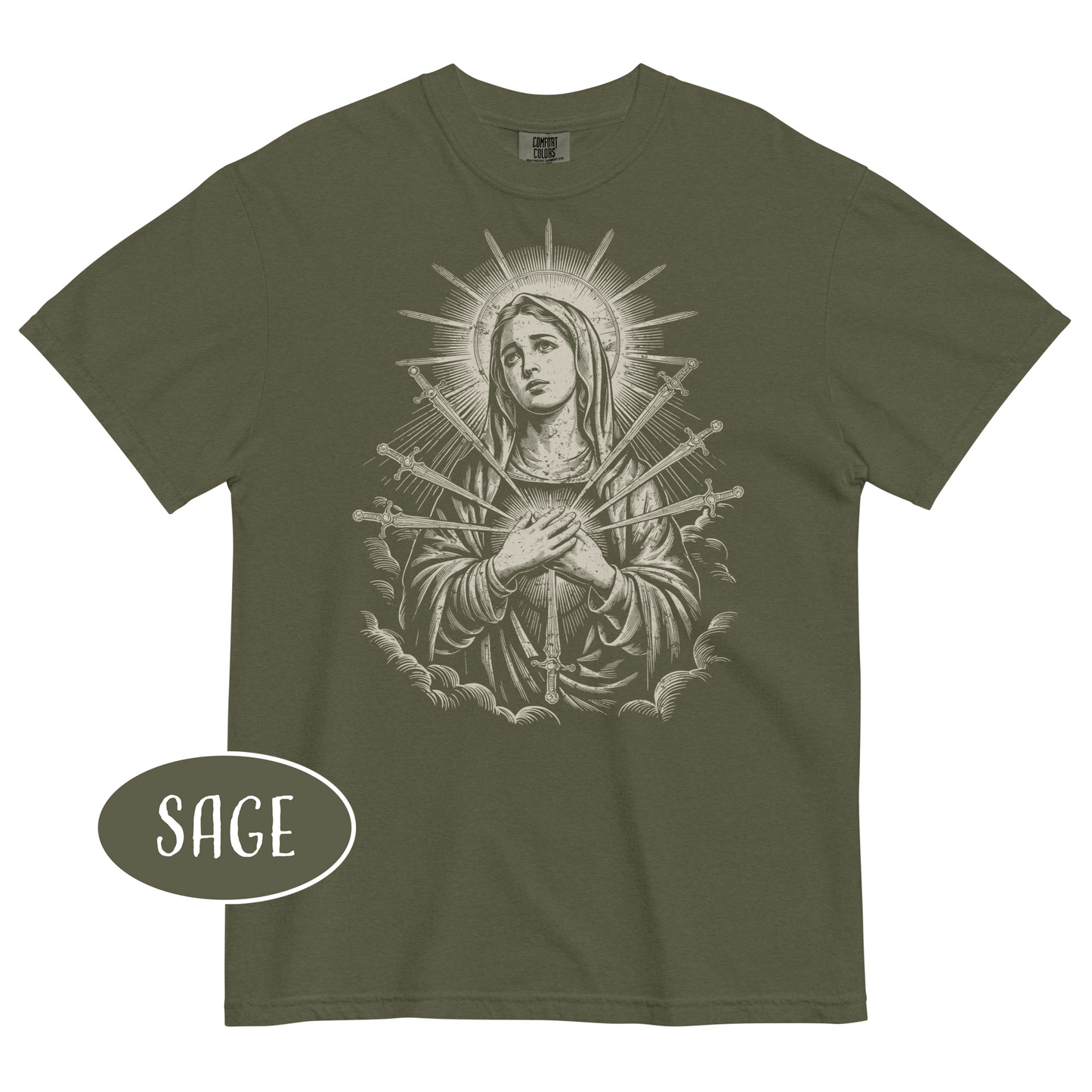 Virgin Mary Vintage Christian T-Shirt Our Lady of Sorrows Seven Swords Shirt Catholic Streetwear