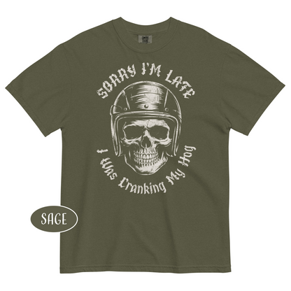 Sorry I’m Late I Was Cranking My Hog T-Shirt Funny Biker Skull Shirt Motorcycle Tee